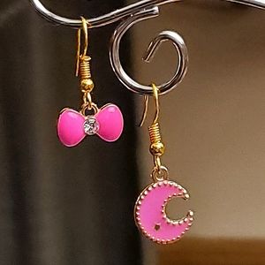 Rose Red series asymmetrical enamel & alloy charm earrings. Pair #9.